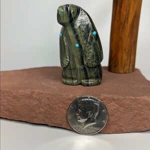 Handcrafted Serpentine Stone Bear Figurine with Turquoise Accents.